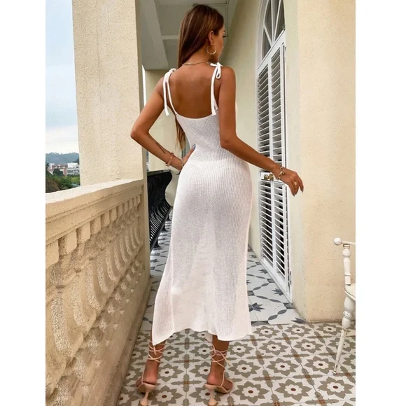 White Knitted Beach Coverup V-Neck - Picture 3 of 11